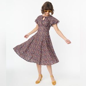 Unique Vintage 1950s Black & Multi Floral Swing Dress XS